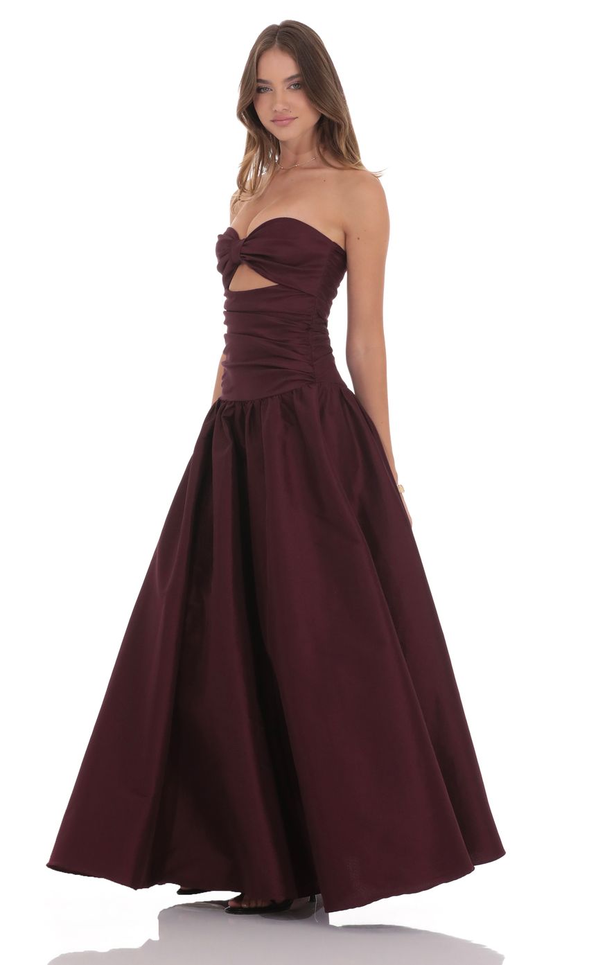 Lucy In The Sky Cutout Drop Waist Strapless Maxi Dress in Wine