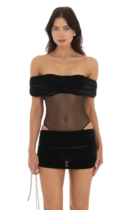 Lucy In The Sky Velvet Off Shoulder Two Piece Set in Black