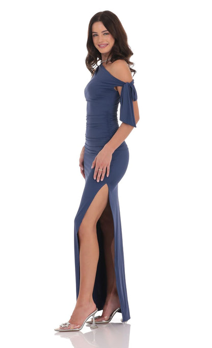 Lucy In The Sky Off Shoulder Tie Strap Maxi Dress in Blue