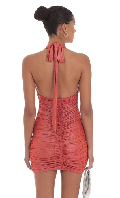 Lucy In The Sky Foiled Ruched Bodycon Dress in Red
