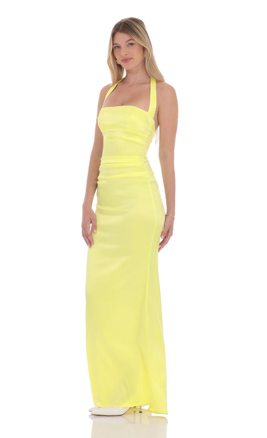 Lucy In The Sky Satin Halter Maxi Dress in Yellow