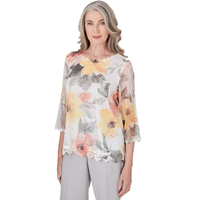 Alfred Dunner Women's Watercolor Floral Mesh Top