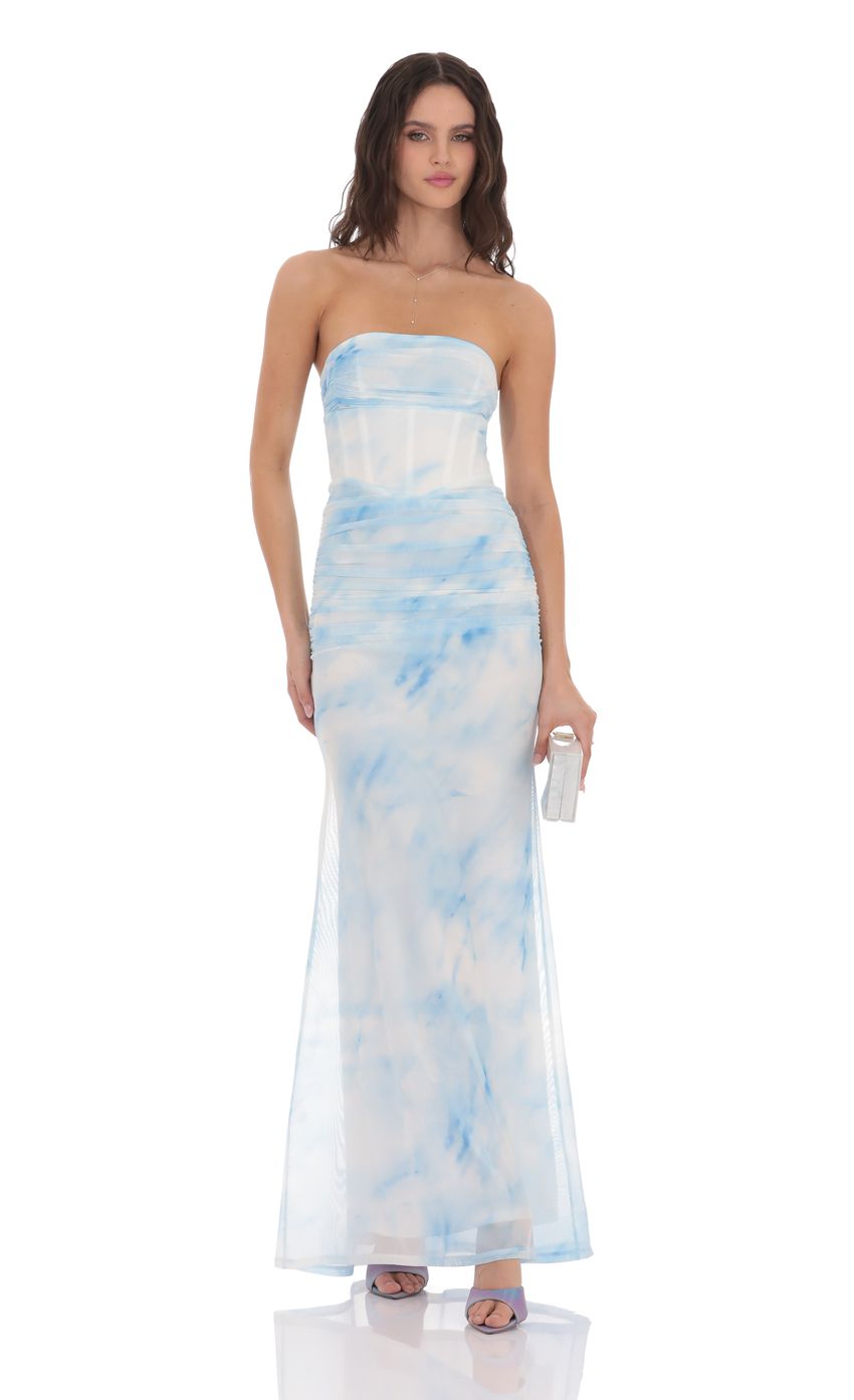 Lucy In The Sky Mesh Strapless Corset Maxi Dress in Blue Tie Dye