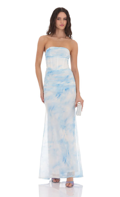 Lucy In The Sky Mesh Strapless Corset Maxi Dress in Blue Tie Dye