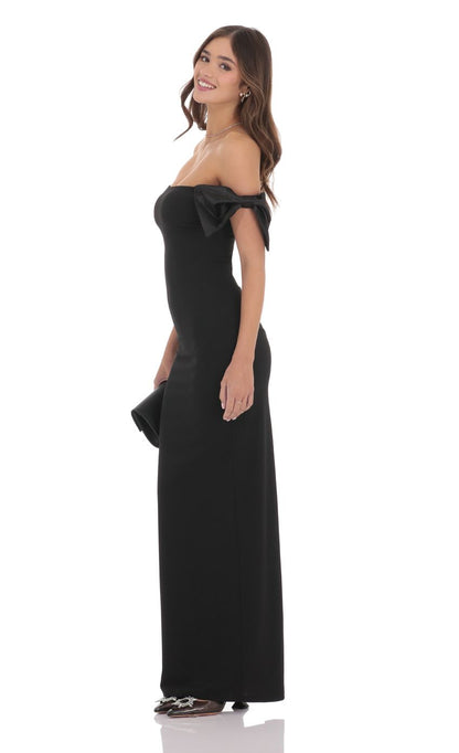 Lucy In The Sky Off Shoulder Bow Sleeve Maxi Dress in Black