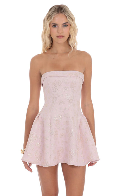 Lucy In The Sky Shimmer Jacquard Strapless Flare Dress in Dusty Pink