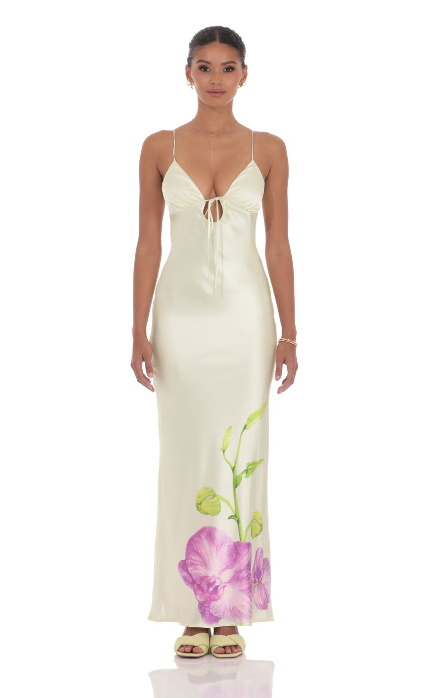 Lucy In The Sky Satin Front Tie Floral Maxi Dress in Pastel Green