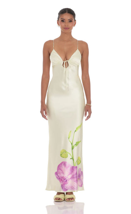 Lucy In The Sky Satin Front Tie Floral Maxi Dress in Pastel Green