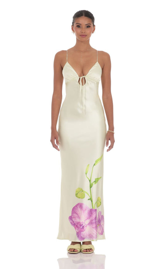 Lucy In The Sky Satin Front Tie Floral Maxi Dress in Pastel Green