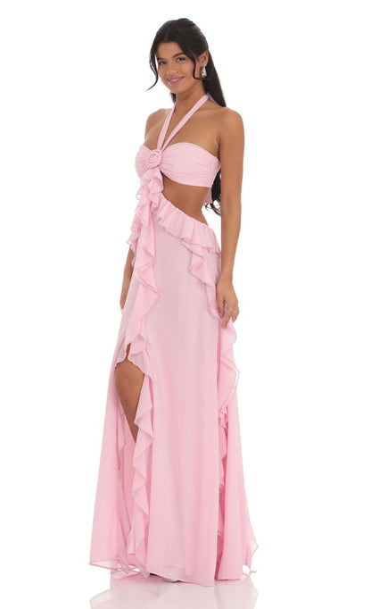 Lucy In The Sky Chiffon Cutout Ruffle Maxi Dress in Pink
