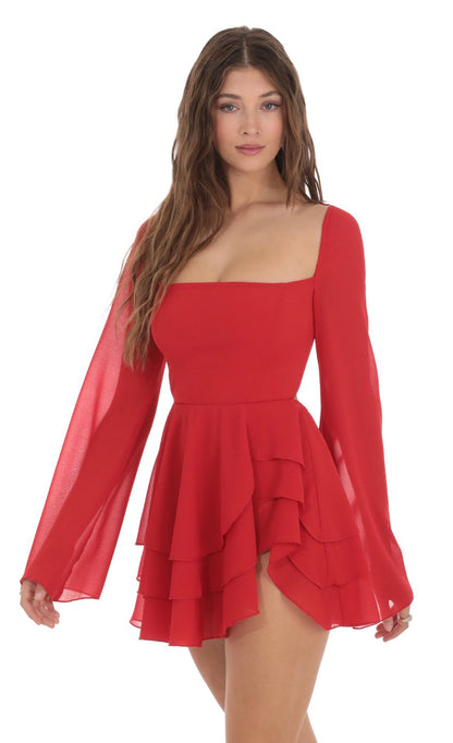 Lucy In The Sky Chiffon Bell Sleeve Dress in Red