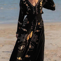 Ursime Vintage Embroidered V Neck Lace-up Long Sleeve Maxi Dress