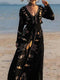 Ursime Vintage Embroidered V Neck Lace-up Long Sleeve Maxi Dress