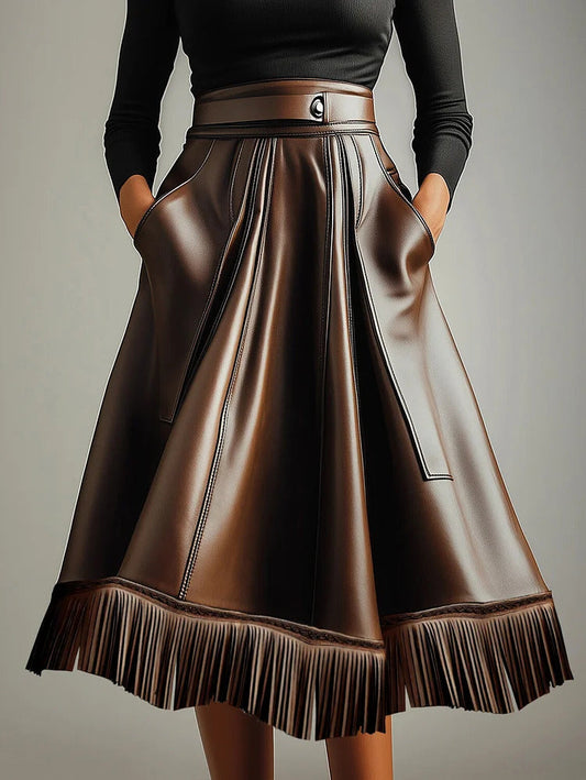 Ursime PU Leather Pocket Fringe Hem Midi Skirt