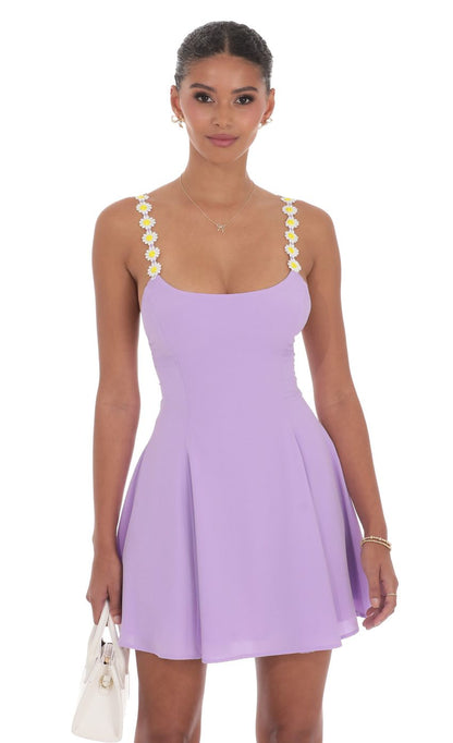 Lucy In The Sky Floral Strap Flare Dress in Lavender