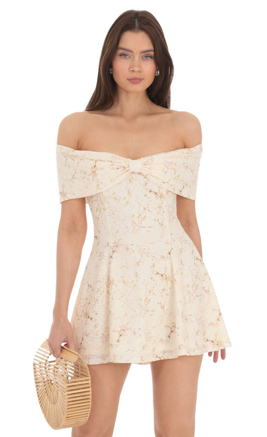 Lucy In The Sky Front Bow Floral Off Shoulder Dress in Cream