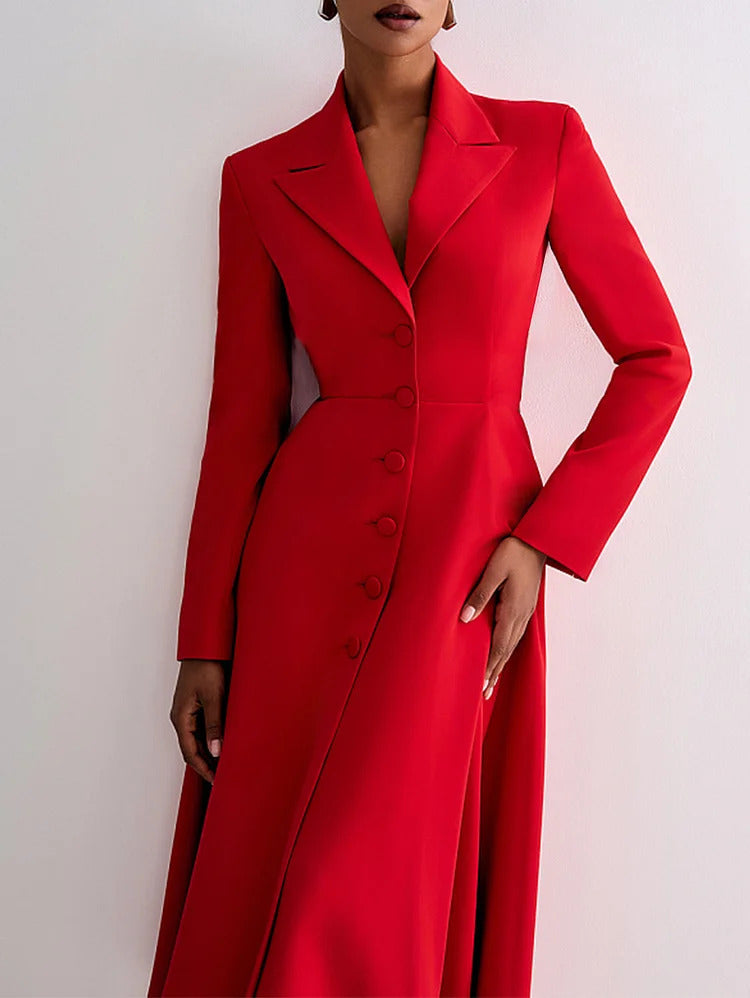 Ursime Formal Peak Lapel Button Up Long Sleeve Midi Dress