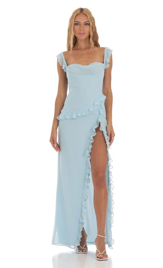 Lucy in the Sky Chiffon Ruffle Dress in Blue