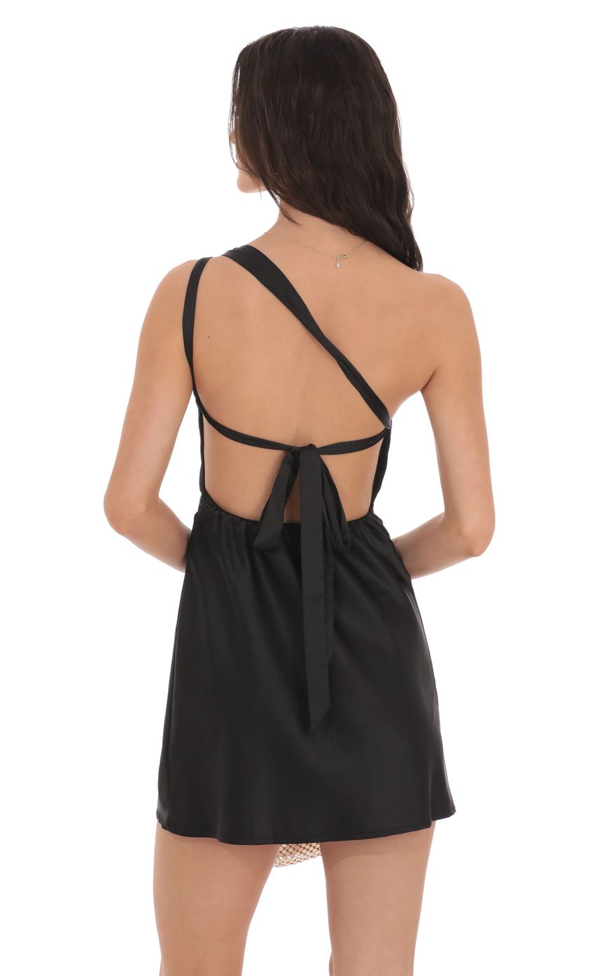 Lucy In The Sky Satin One Shoulder Open Back Dress in Black