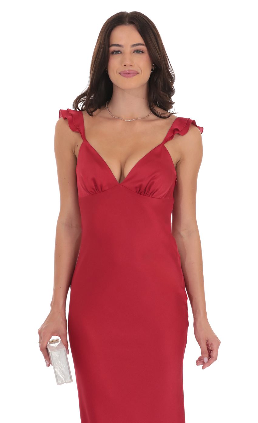 Lucy in the Sky Satin Ruffle Open Maxi Dress in Red