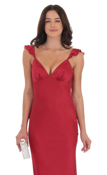 Lucy in the Sky Satin Ruffle Open Maxi Dress in Red