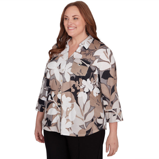 Alfred Dunner Women's Shadow Leaf Print Button Front Top