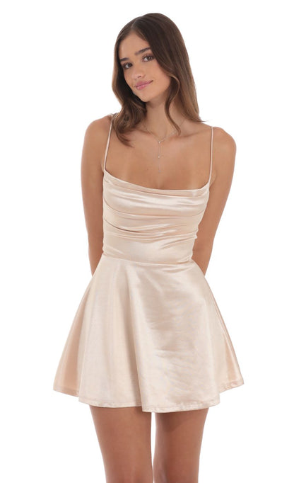 Lucy In The Sky Satin Cowl Neck Dress in Champagne