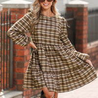 Cupshe Brown Plaid Round Neck Long Sleeve Mini Dress