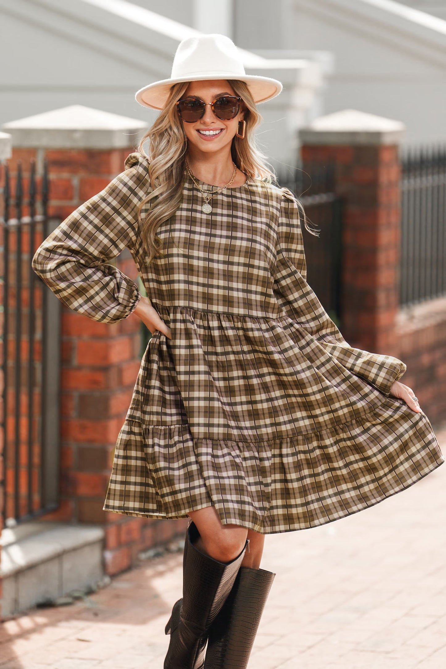 Cupshe Brown Plaid Round Neck Long Sleeve Mini Dress