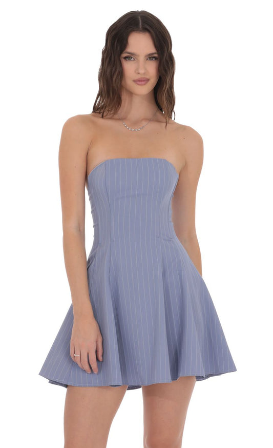 Lucy In The Sky Pinstripe Corset Strapless Dress in Denim Blue