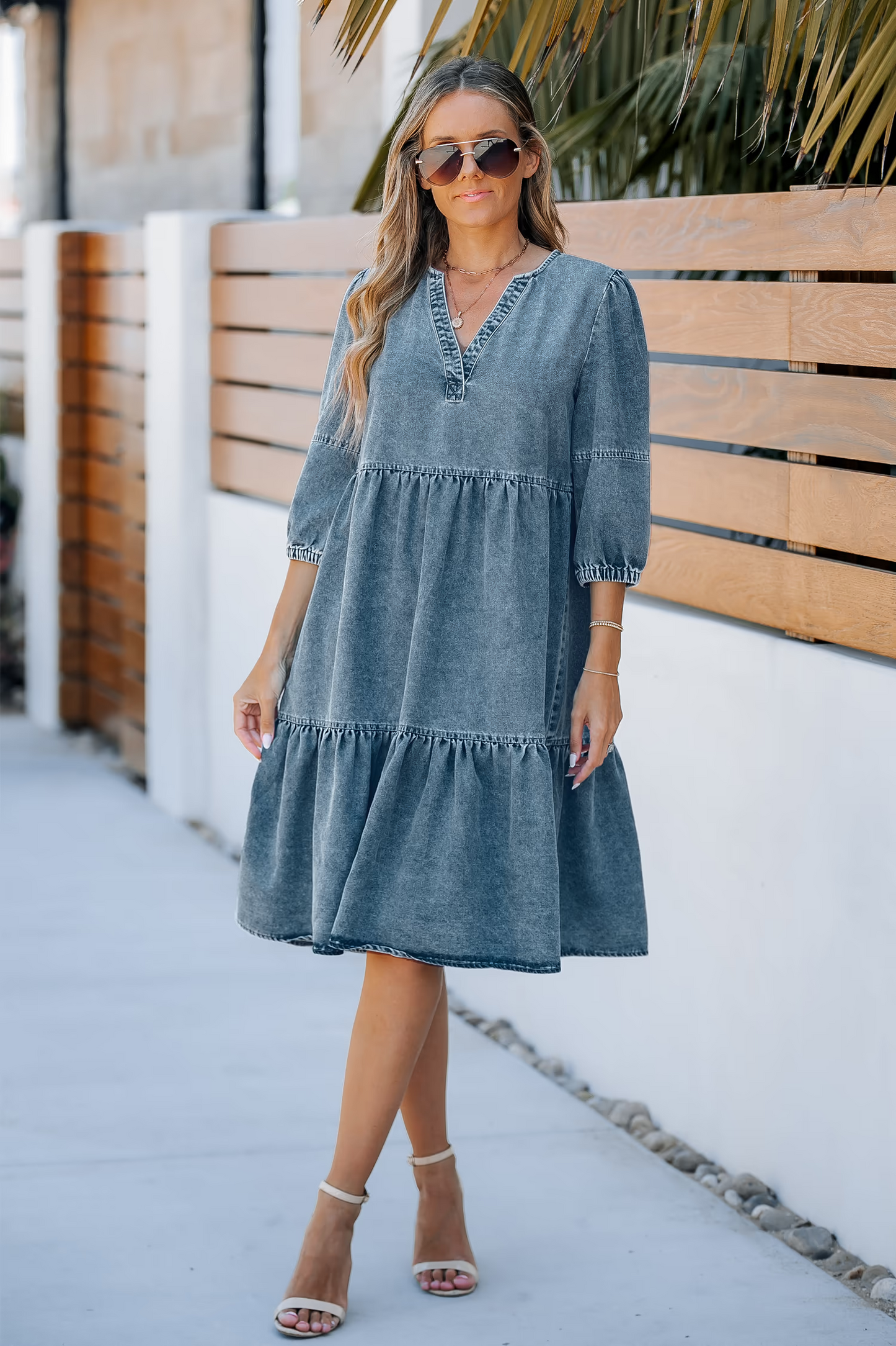 Cupshe Light Denim 3/4 Sleeve Mini Dress