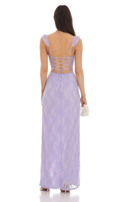 Lucy in the Sky Lace Ruffle Sleeve Maxi Dress in Lavender