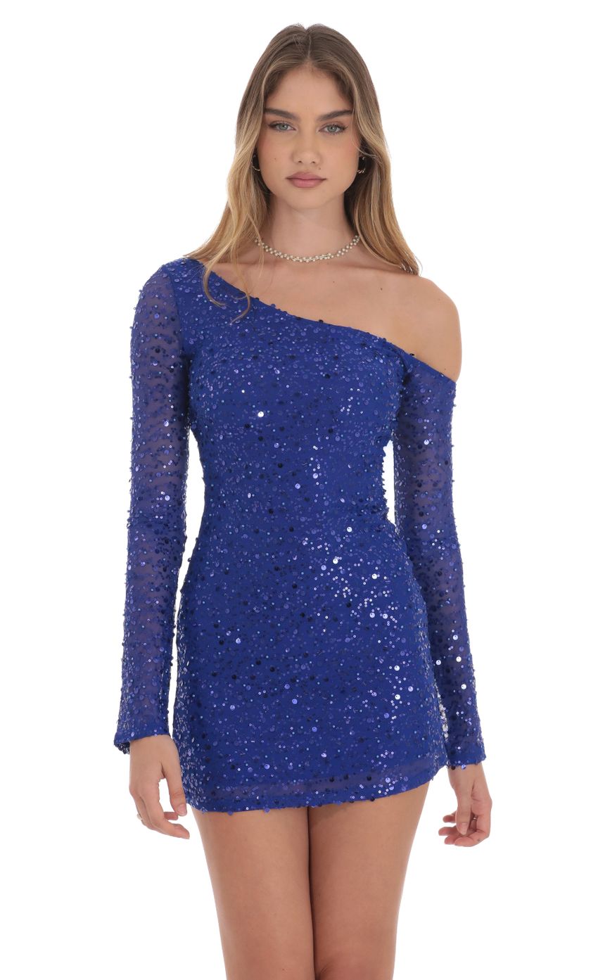 Lucy In The Sky Sequin Long Sleeve Off Shoulder Dress in Blue