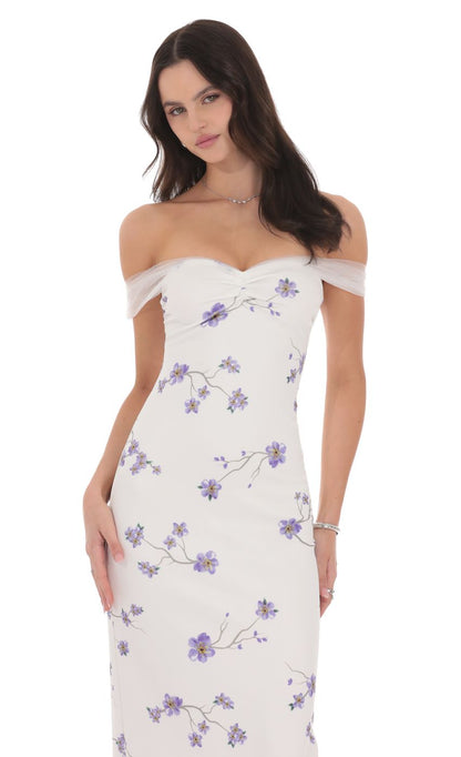 Lucy in the Sky Tulle Off Shoulder Floral Maxi Dress in White