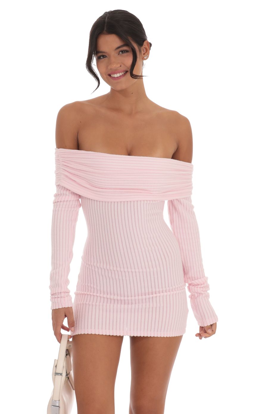 Lucy in the Sky Ribbed Off Shoulder Open Back Dress in Pink