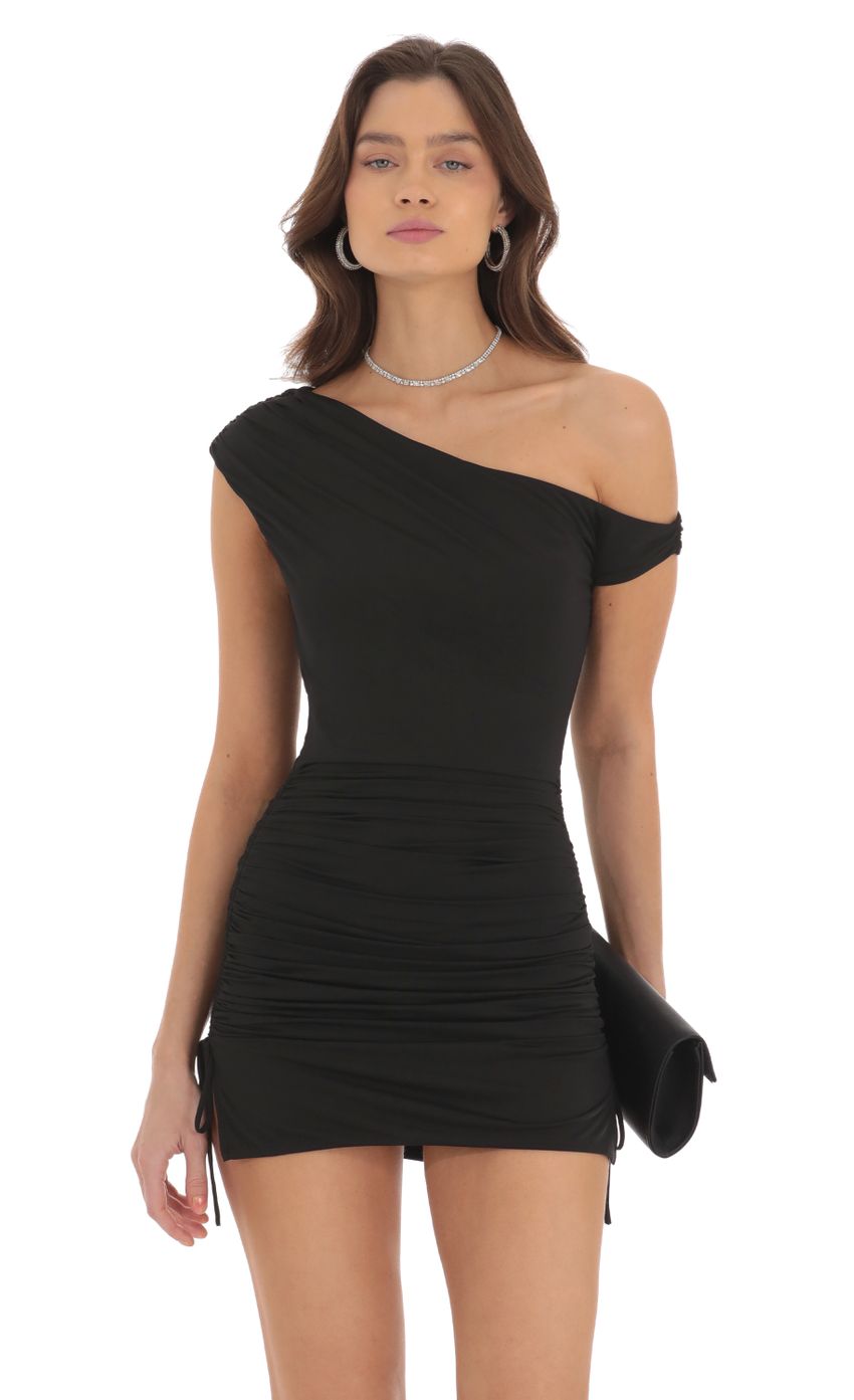 Lucy In The Sky Off Shoulder Ruched Bodycon Dress in Black