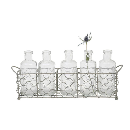 Cracker Barrel 5 Glass Bottle Vases in Wire Baskets