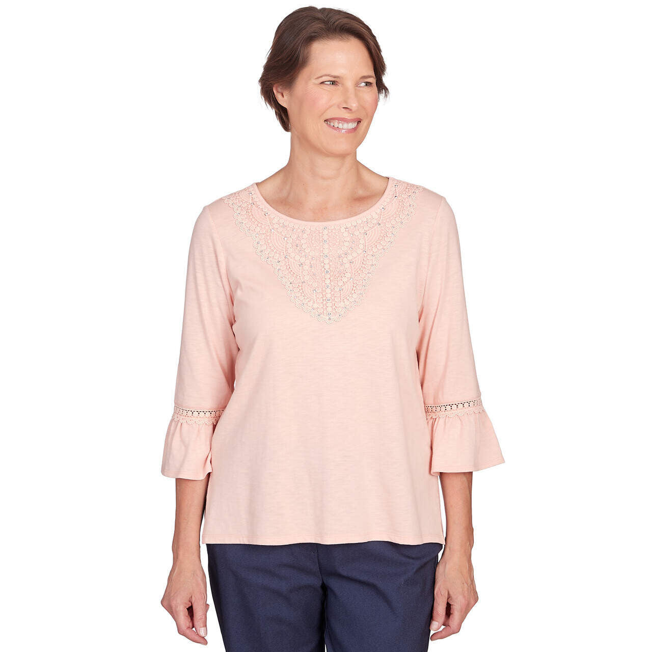 Alfred Dunner Women's Lace Neck Solid Flutter Sleeve Top