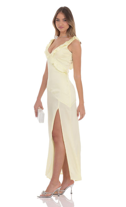 Lucy In The Sky Satin V-Neck Open Back Maxi Dress in Pastel Yellow