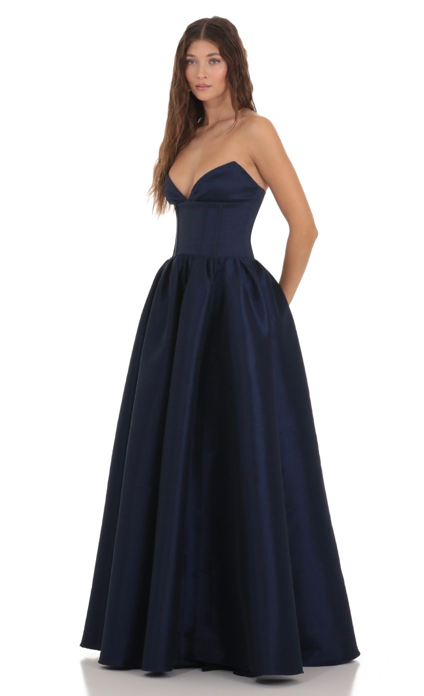 Lucy in the Sky Corset Strapless Gown Dress in Navy