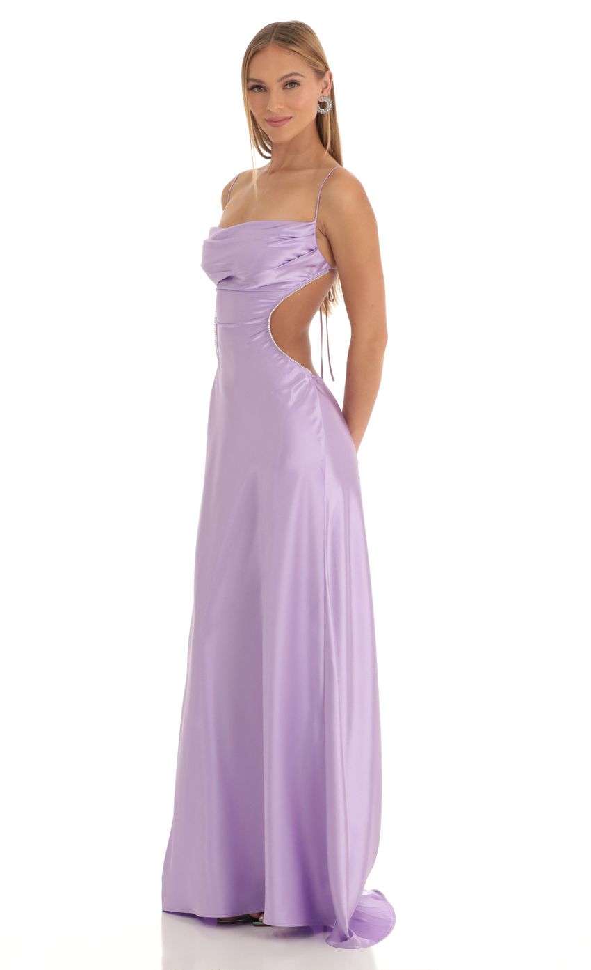 Lucy In The Sky Satin Rhinestone Maxi Dress in Purple