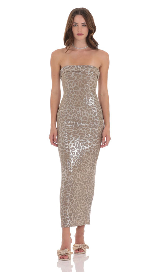 Lucy In The Sky Strapless Metallic Maxi Dress in Cheetah Print