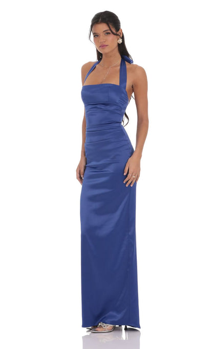 Lucy In The Sky Satin Halter Maxi Dress in Blue