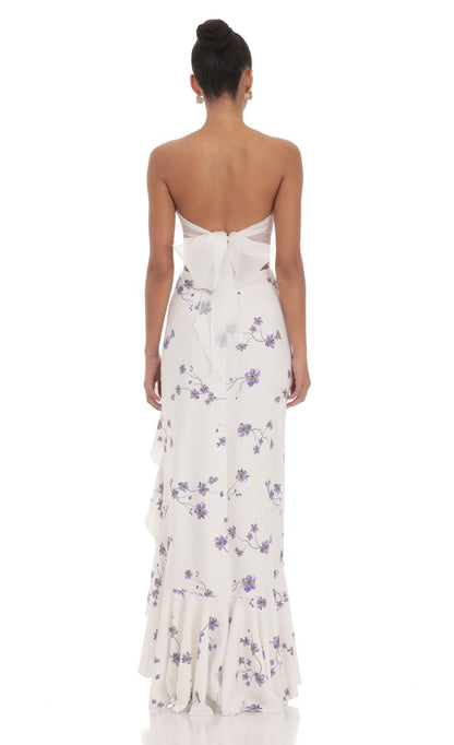 Lucy In The Sky Strapless Back Bow Corset Maxi Dress in Lavender