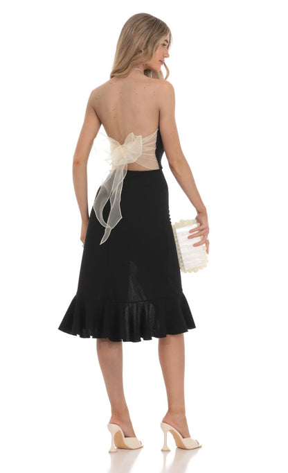 Lucy In The Sky Strapless Back Bow Midi Dress in Black