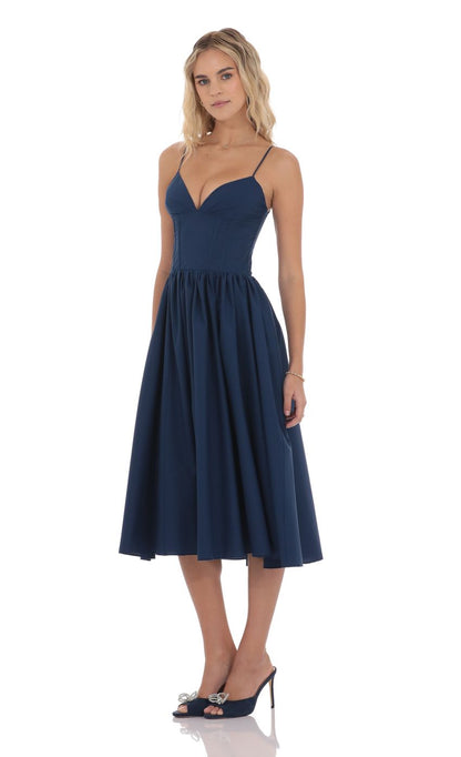 Lucy In The Sky Corset V-Neck Midi Dress in Navy