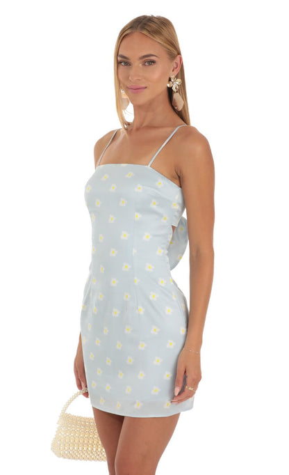 Lucy In The Sky Floral Satin Tie Back Dress in Sky Blue