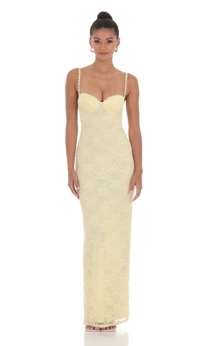 Lucy In The Sky Lace Floral Trim Maxi Dress in Yellow
