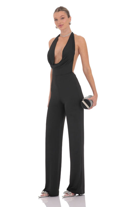 Lucy In The Sky Halter Plunge Neck Jumpsuit in Black