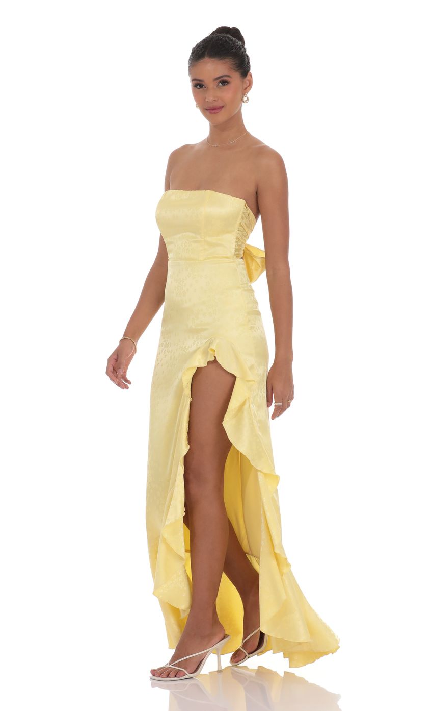 Lucy In The Sky Satin Jacquard Back Bow Corset Maxi Dress in Yellow
